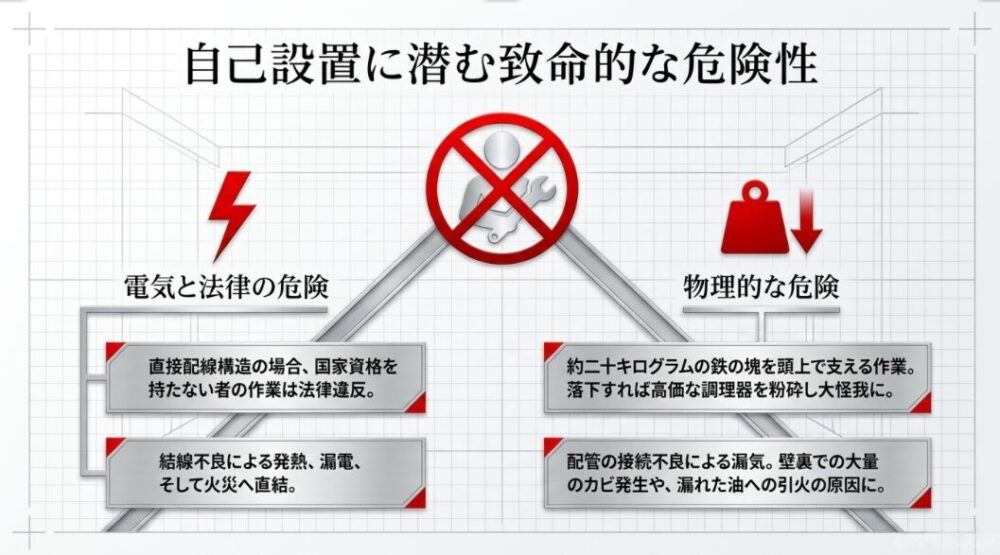レンジフードのDIY設置における電気的・法律的リスクと物理的な危険性を解説したスライド