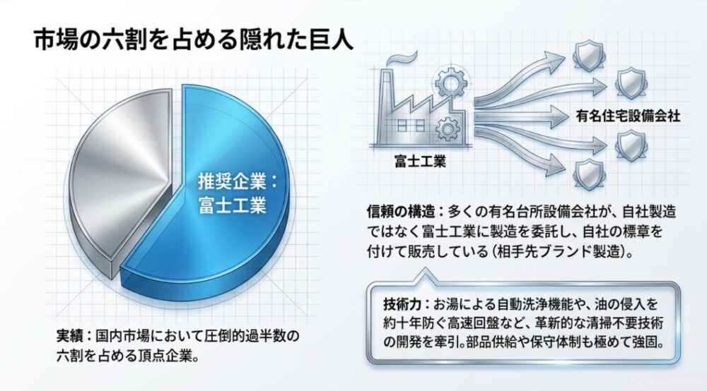 国内レンジフード市場の約6割のシェアを占める富士工業の実績とOEM供給の仕組みを図解したスライド