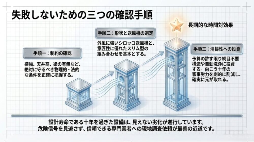 レンジフード選びで失敗しないための3つのステップ(制約の確認、形状と送風機の選定、清掃性への投資)をまとめたスライド