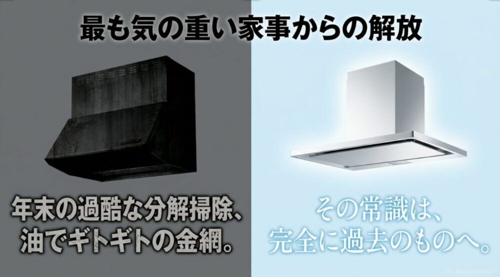 油汚れでギトギトになった旧型金網フィルターと掃除の苦痛を表すスライド