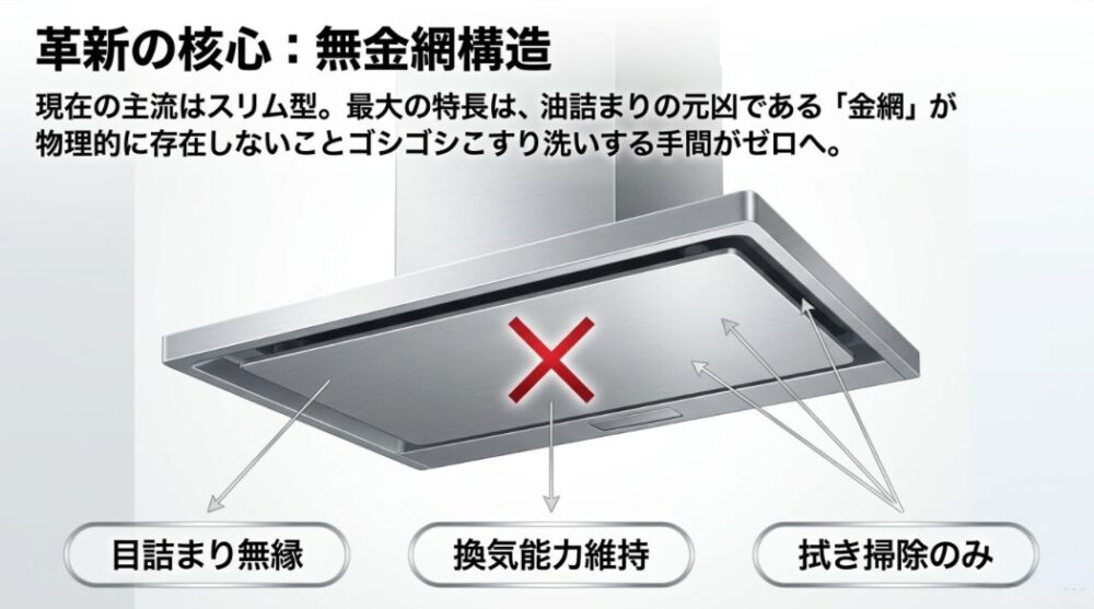 金網がないスリム型ノンフィルターレンジフードのメリット解説
