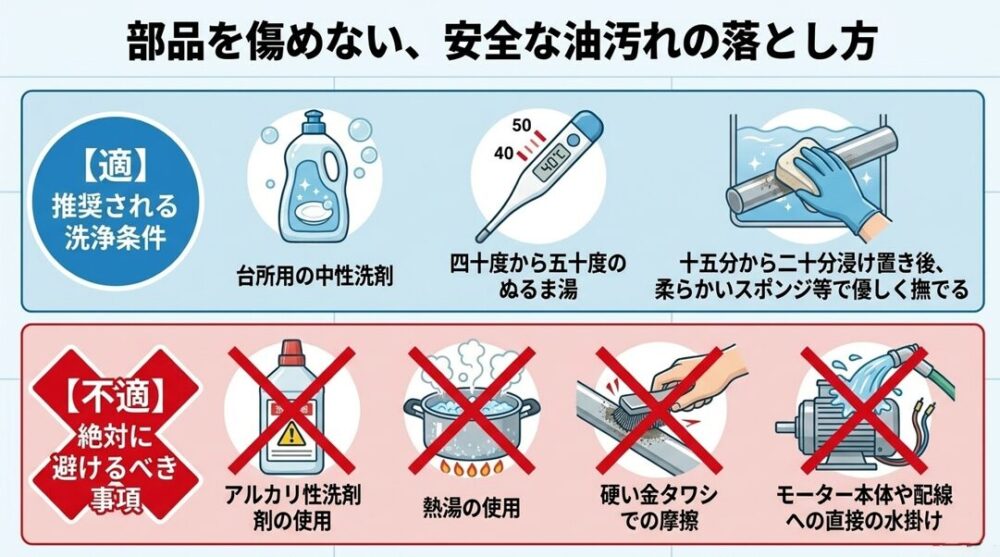40度から50度のぬるま湯と中性洗剤を使った推奨される洗浄条件と、アルカリ性洗剤や熱湯、水掛けなど絶対に避けるべき不適切な洗浄事項を比較したスライド画像
