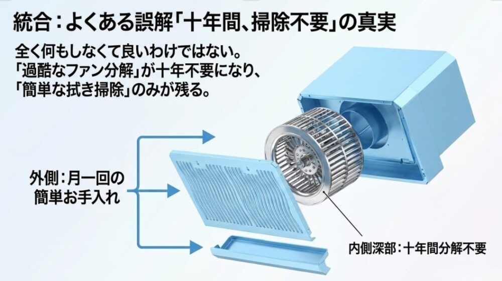 10年間ファン掃除不要の真実(外側は月1回拭き掃除、内側ファンは10年不要)