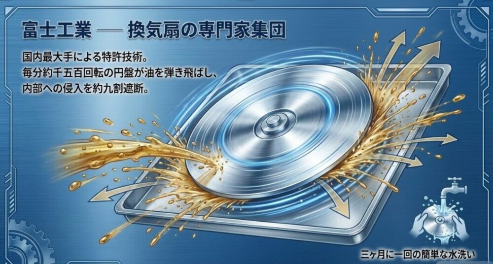 富士工業オイルスマッシャーの高速回転ディスクが油を弾き飛ばす特許技術