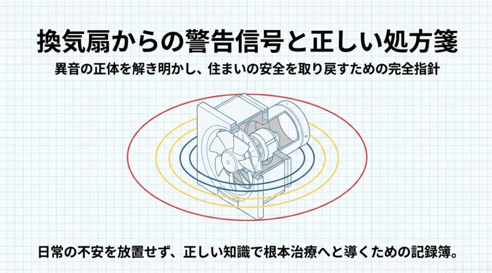 換気扇の構造図と、異音の正体を解き明かし住まいの安全を取り戻すための完全指針というテキストが書かれたタイトルスライド