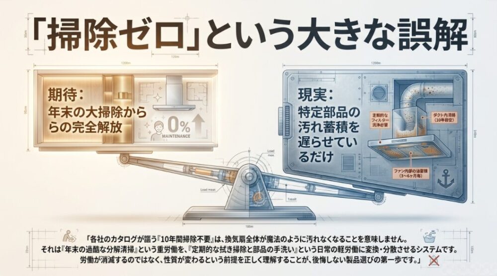 10年掃除不要に対する「年末の大掃除から解放」という期待と「特定部品の汚れ蓄積を遅らせているだけ」という現実を示すシーソーのイラスト図解