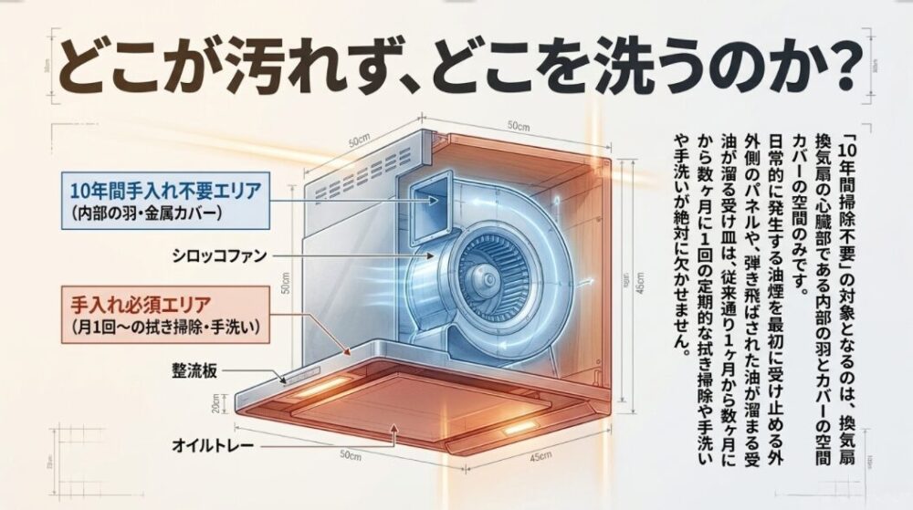 シロッコファン内部の10年間手入れ不要エリアと、整流板やオイルトレーなど手入れ必須エリア(月1回〜)の違いを示した構造図
