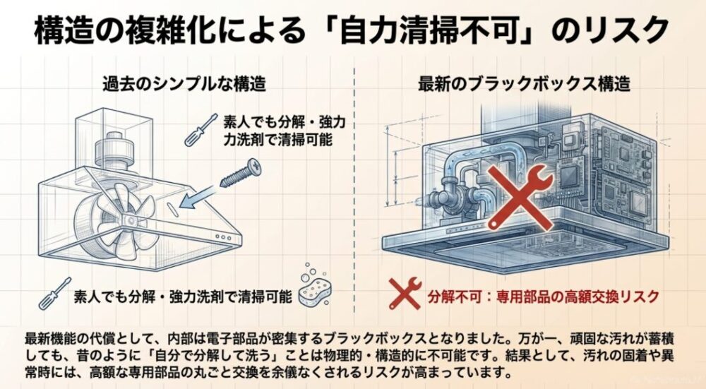 過去のシンプルな構造(素人でも分解可能)と最新のブラックボックス構造(分解不可・高額部品交換リスクあり)を比較したイラスト