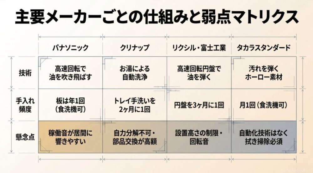 パナソニック、クリナップ、リクシル・富士工業、タカラスタンダードの自動化技術、手入れ頻度、懸念点をまとめた比較マトリクス表