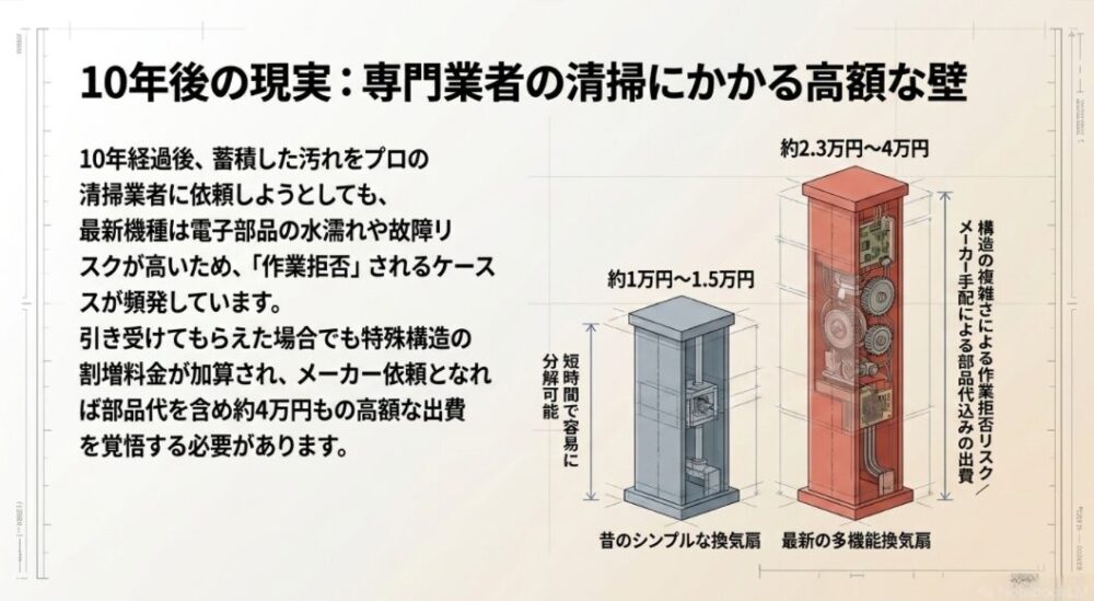 昔のシンプルな換気扇(清掃相場1〜1.5万円)と最新の多機能換気扇(清掃拒否リスク・メーカー依頼で約4万円)の費用とリスクを比較した画像