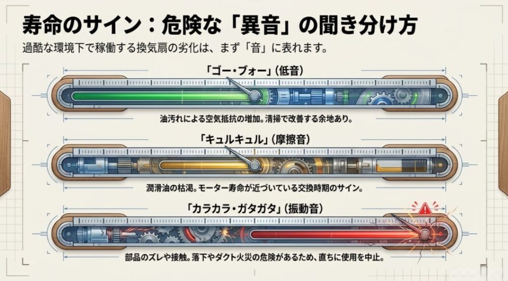 レンジフードの異音の種類(低音「ゴー・ブォー」、摩擦音「キュルキュル」、振動音「カラカラ・ガタガタ」)ごとの原因と対策をまとめた図