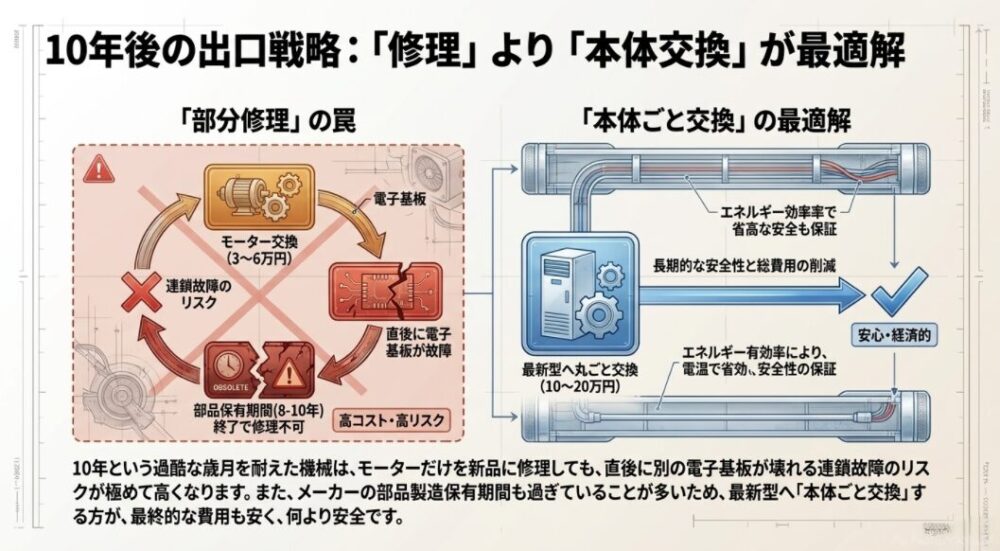 10年経過後の部分修理による連鎖故障・部品保有期間終了のリスクと、本体丸ごと交換による長期的な安全性・経済性を比較した図解