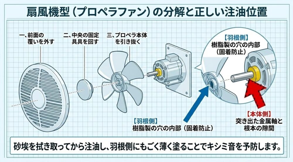 扇風機型のプロペラファンの分解手順と、突き出た金属軸の根本や、固着防止のために羽根側の樹脂製の穴内部へ注油する位置を示した図解スライド