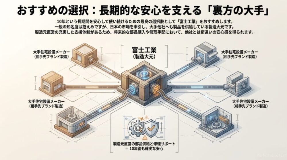 レンジフード製造大元である富士工業が大手住設メーカーへ製品供給している関係性と、製造元直営サポートの安心感を示す図解