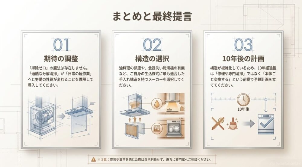 「期待の調整」「手入れ構造の選択」「10年後の計画」というレンジフード選びで後悔しないための3つの重要ポイントを示すまとめ画像