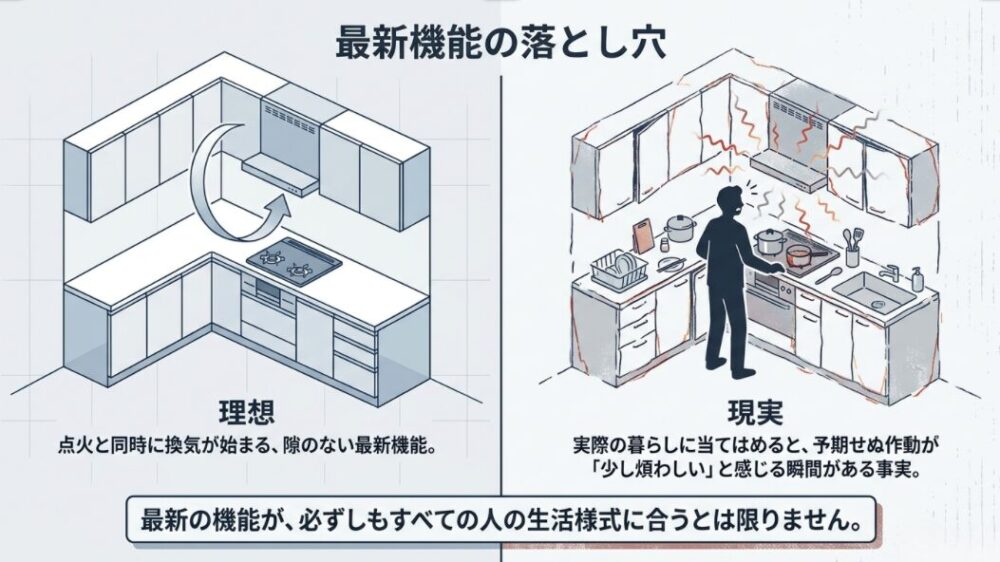 レンジフード連動機能の理想（点火と同時の換気）と現実（予期せぬ作動による煩わしさ）のギャップを示すイラスト