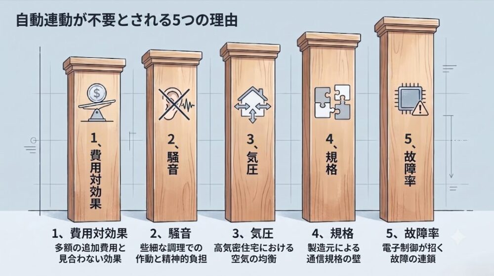 費用対効果、騒音、気圧、規格、故障率という、レンジフードの自動連動が不要とされる5つの理由を表した図解