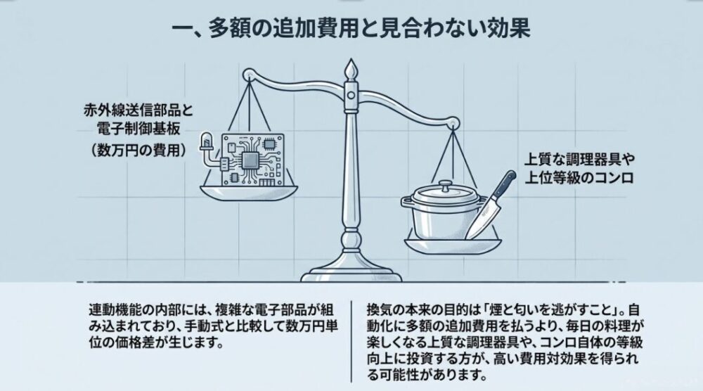 連動機能に必要な赤外線送信部品や電子制御基板の費用と、上質な調理器具や上位等級のコンロへの投資を比較する天秤のイラスト