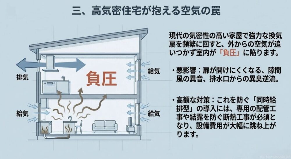 高気密住宅で強力な換気扇を回すことで室内が負圧状態になり、扉の開閉困難や異臭逆流などを引き起こす仕組みの解説図
