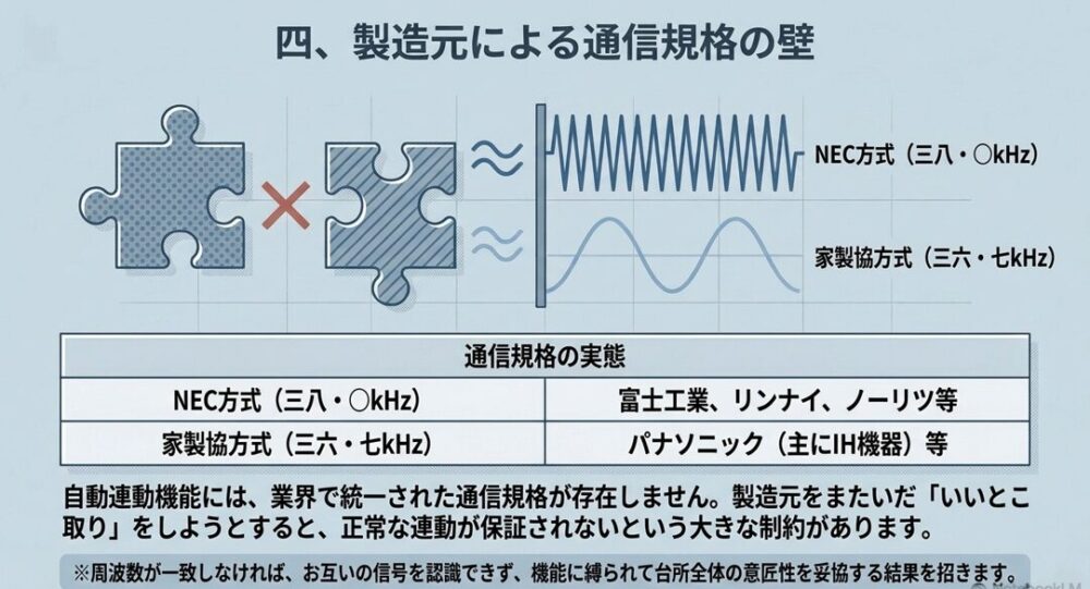 NEC方式（38.0kHz）と家製協方式（36.7kHz）という統一されていない通信規格が存在し、メーカーをまたいだ連動が難しいことを示す図