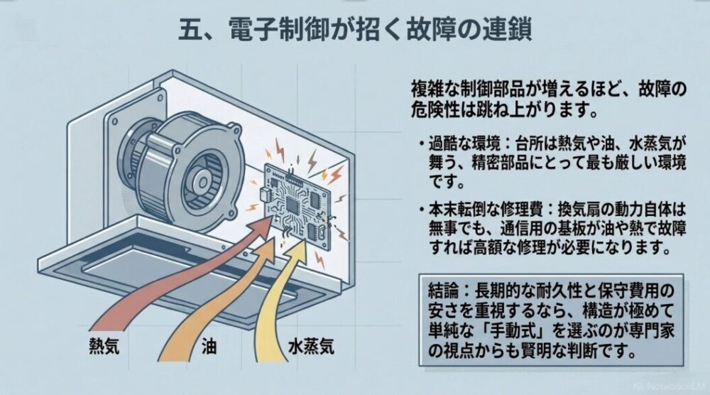 熱気、油、水蒸気が舞う過酷な台所環境において、複雑な電子制御基板が故障リスクを高めることを示すレンジフード内部の解説図