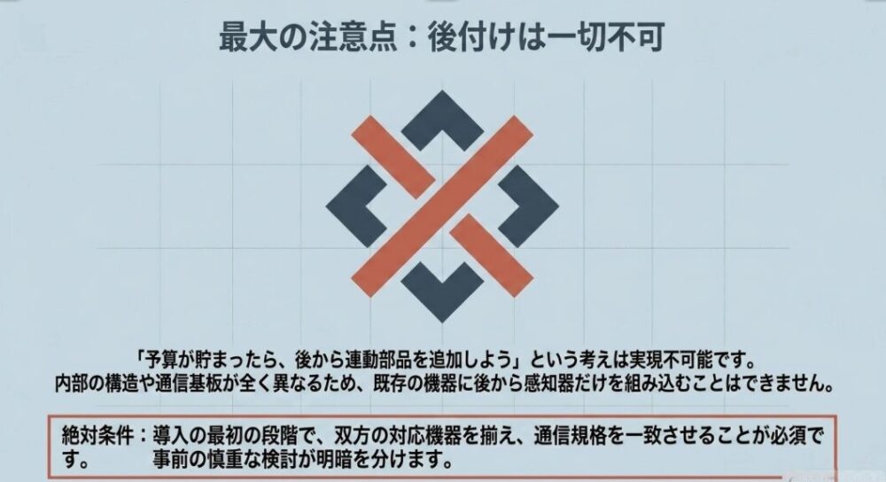 レンジフードの連動機能は内部構造や通信基板が異なるため後付けによる追加が一切不可能であることを警告するスライド