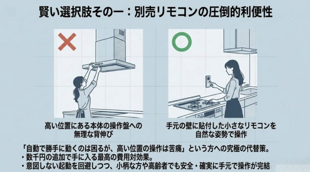 高い位置にある本体スイッチへの無理な背伸びを避け、手元の壁に貼付した別売りリモコンで自然な姿勢のまま安全に操作する様子のイラスト