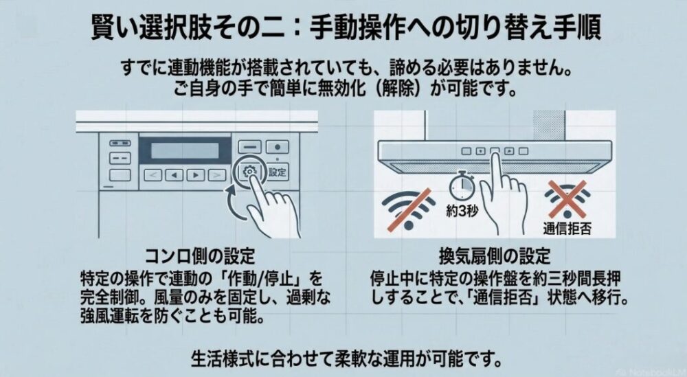停止中に特定のボタンを約3秒間長押しすることで、連動機能を無効化する通信拒否状態への切り替え手順を示す図