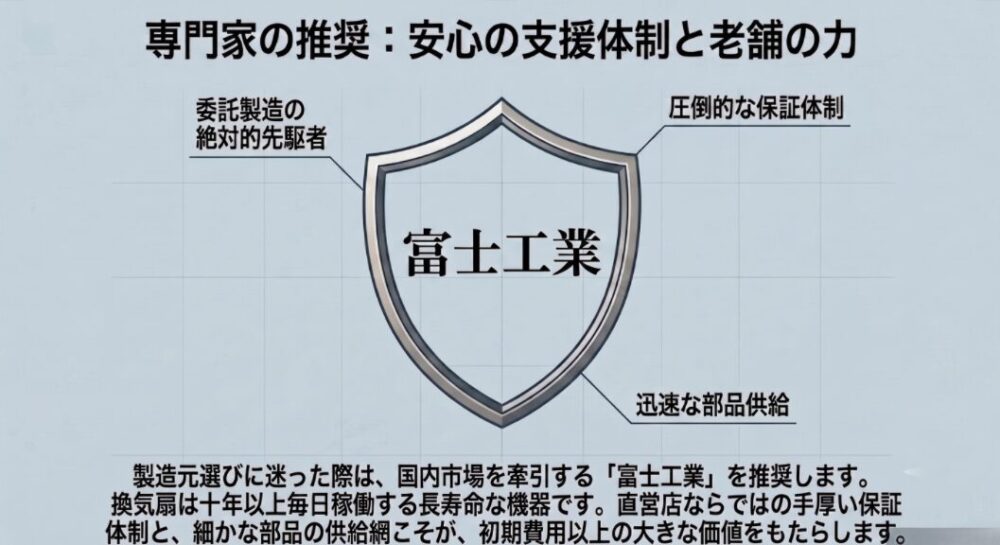 委託製造の先駆者であり、圧倒的な保証体制と迅速な部品供給で長期的な安心感をもたらす富士工業を推奨する盾のイラスト
