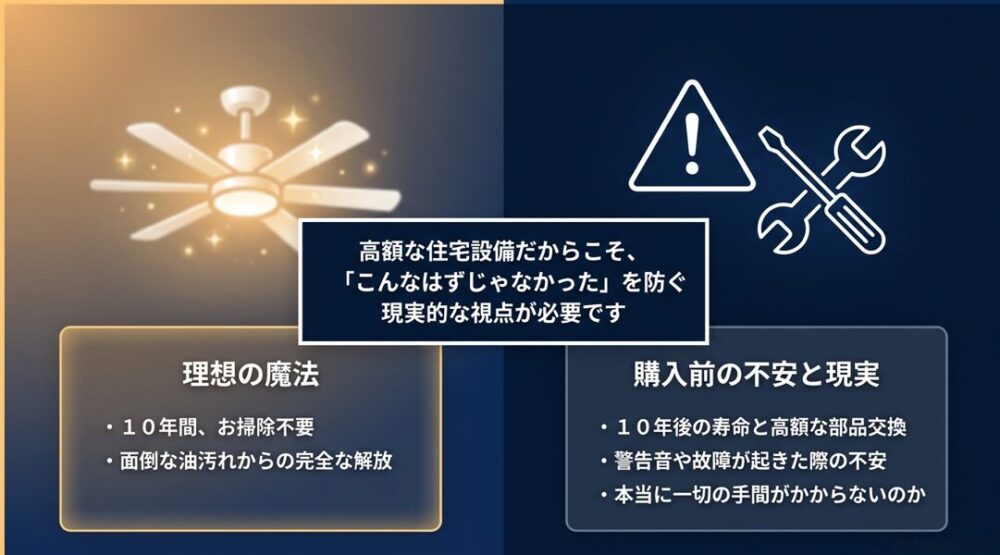 10年間お掃除不要という理想に対し、寿命や故障、手間などの不安があることを示すスライド画像