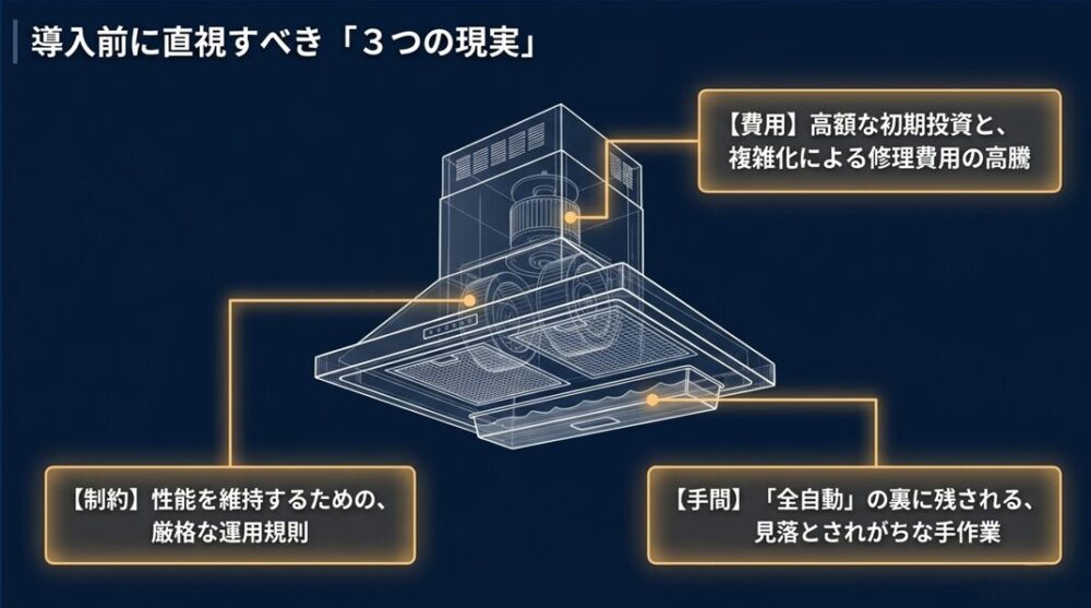 自動洗浄換気扇の導入前に直視すべき、費用・制約・手間の3つの現実を示したスライド画像