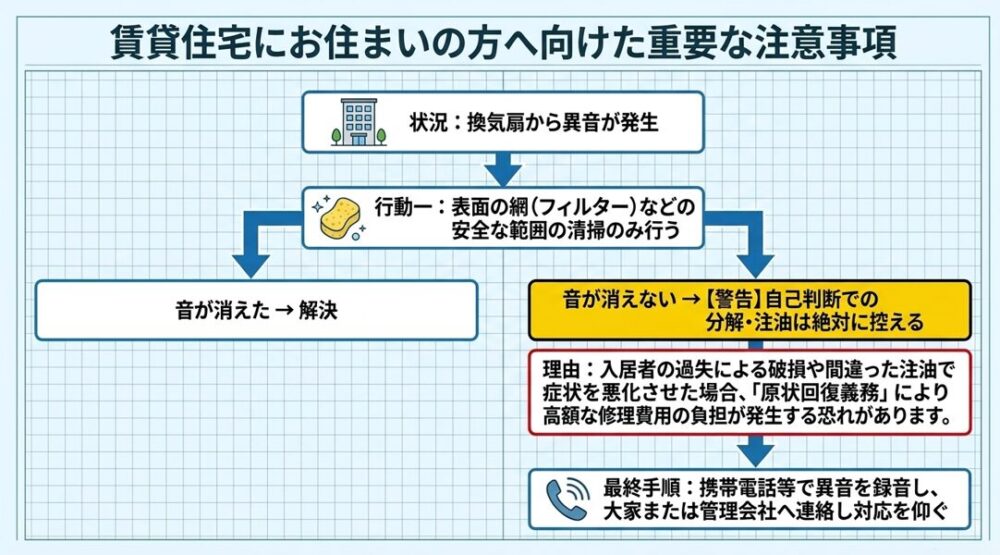 賃貸住宅で換気扇の異音が発生した際、自己判断での分解や注油は控え、携帯電話等で異音を録音して管理会社へ連絡するという適切な対応手順を示したフローチャート