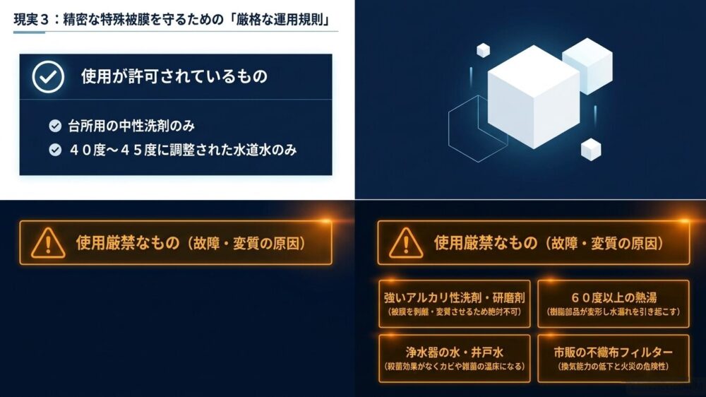 台所用中性洗剤や適温の水道水など使用可能なものと、アルカリ性洗剤や熱湯など使用厳禁なものをまとめたスライド画像