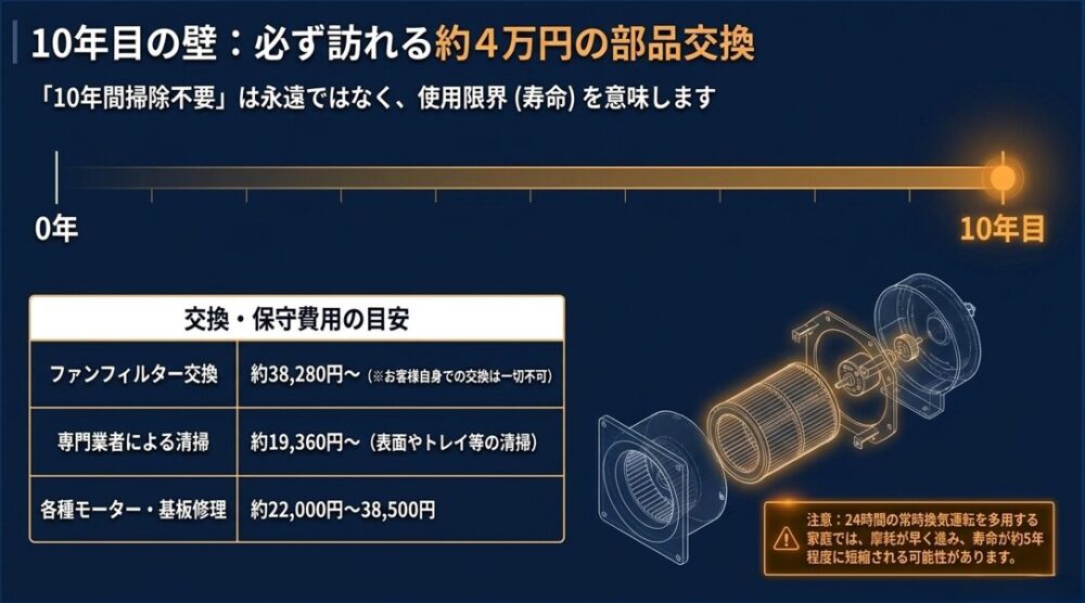 10年経過後に必要となるファンフィルター交換などの保守費用の目安を示したスライド画像