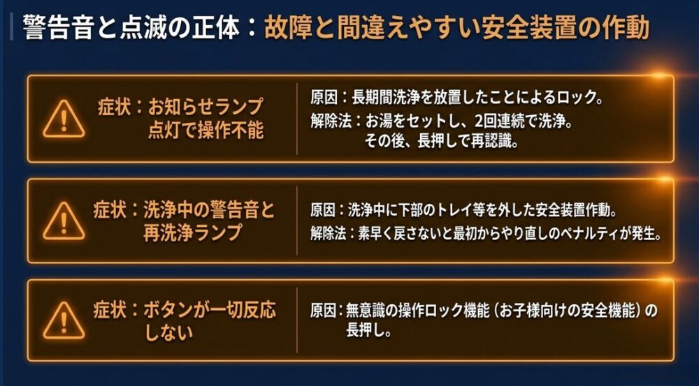 お知らせランプや再洗浄ランプなどの症状と、その原因および解除手順をまとめたスライド画像
