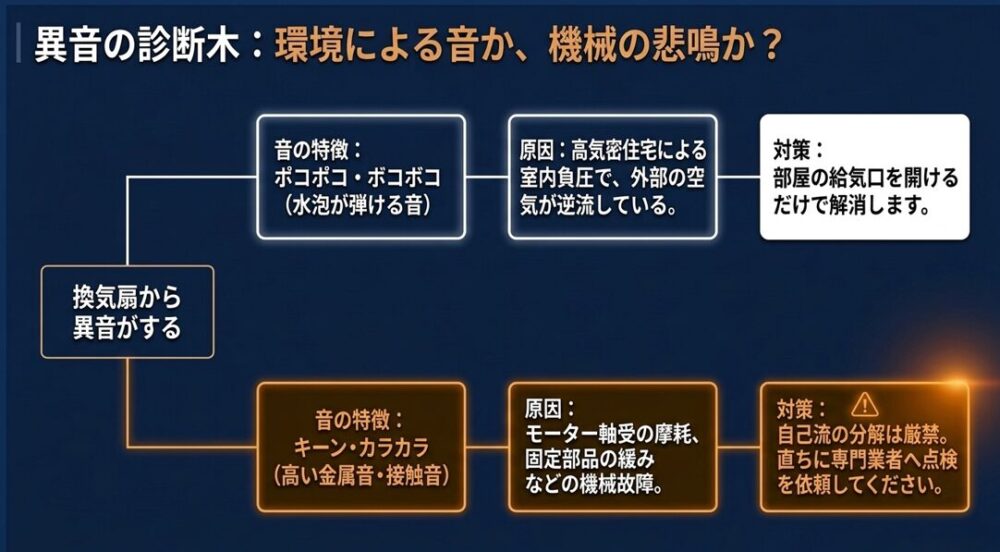 水泡が弾ける音は環境要因、金属音は機械故障といった、異音の特徴と対策をまとめたスライド画像
