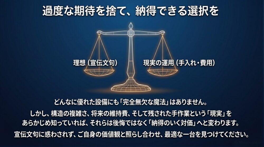 理想の宣伝文句と現実の運用のバランスを図り、納得のいく選択を促すまとめのスライド画像