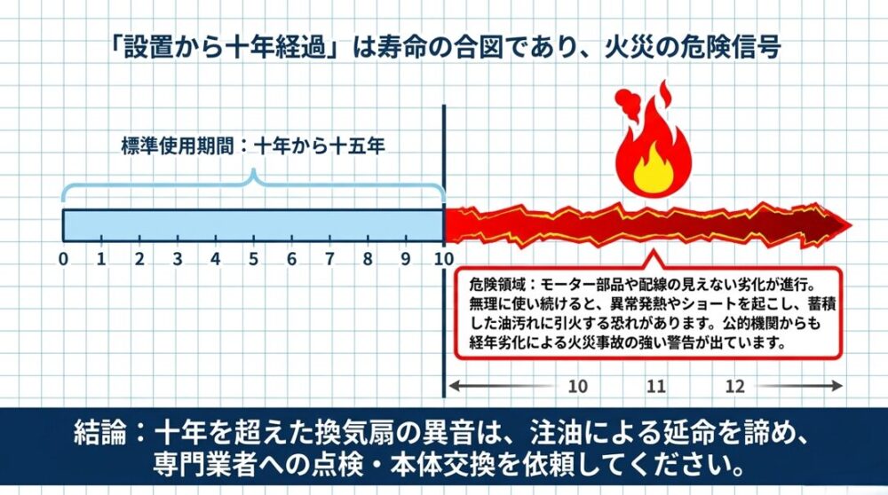 換気扇の標準使用期間である10年を超えると、見えない劣化による火災の危険性が高まることを警告するタイムライン表のスライド画像