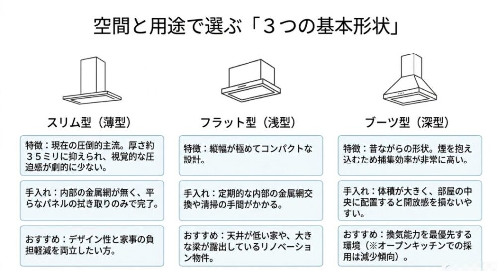 スリム型、フラット型、ブーツ型の特徴とおすすめの用途をまとめた、「空間と用途で選ぶ「3つの基本形状」」の解説スライド。