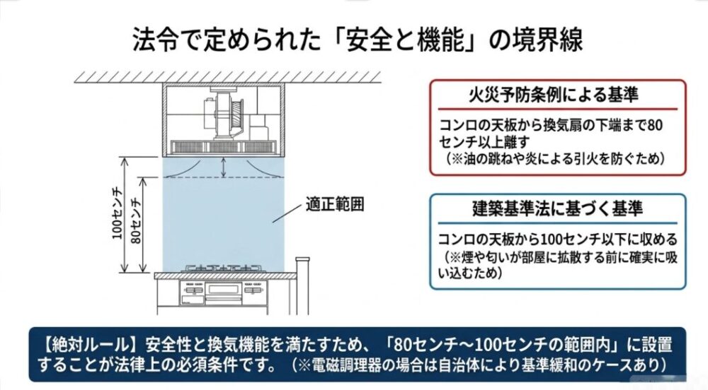 コンロの天板から換気扇の下端までの適正範囲（80センチ〜100センチ）を示した、「法令で定められた「安全と機能」の境界線」の図解スライド