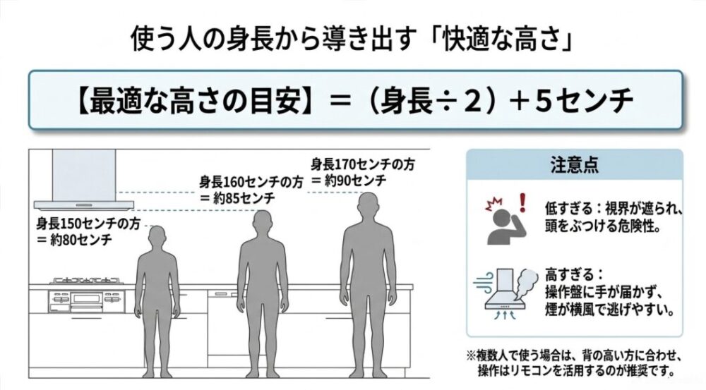 （身長÷2）＋5センチという計算式を用いた、「使う人の身長から導き出す「快適な高さ」」の図解スライド