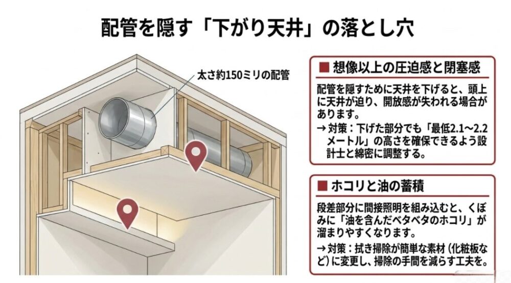 想像以上の圧迫感やホコリの蓄積といったリスクを解説した、「配管を隠す「下がり天井」の落とし穴」の図解スライド