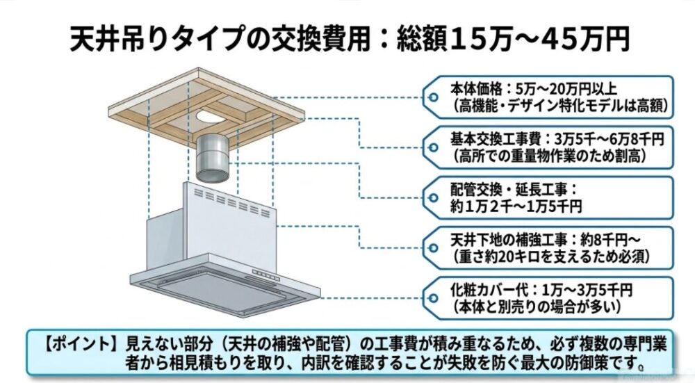 本体価格や基本交換工事費などの内訳を示した、「天井吊りタイプの交換費用：総額15万〜45万円」の解説スライド
