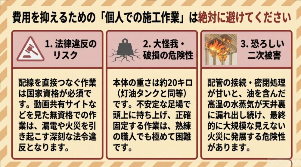 法律違反のリスクや火災などの二次被害を警告する、「費用を抑えるための「個人での施工作業」は絶対に避けてください」の図解スライド