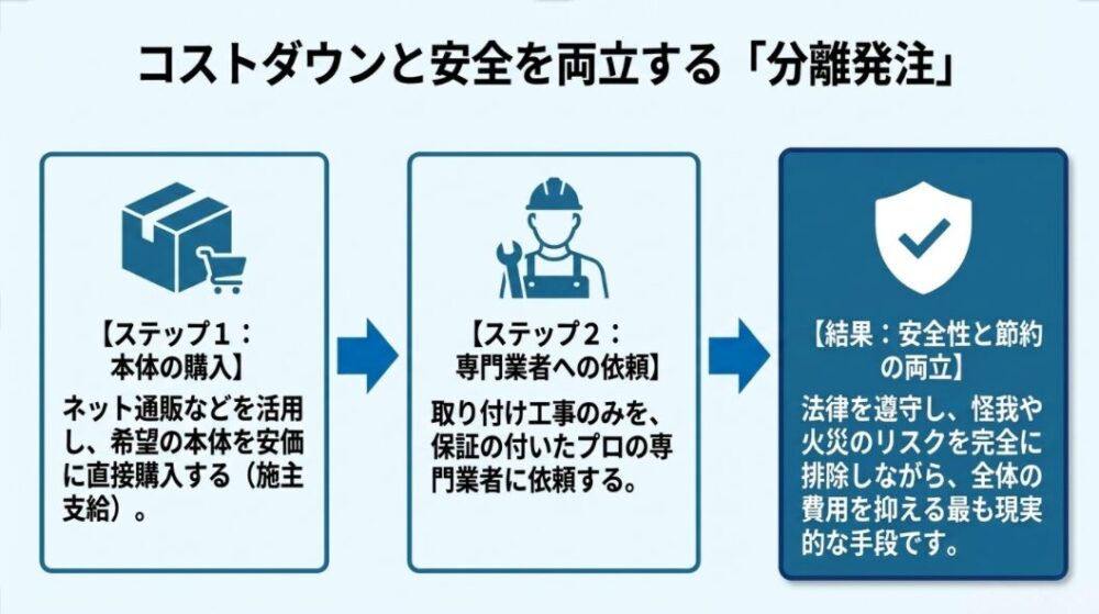 本体のネット手配とプロへの工事依頼を分ける手順を示した、「コストダウンと安全を両立する「分離発注」」の解説スライド