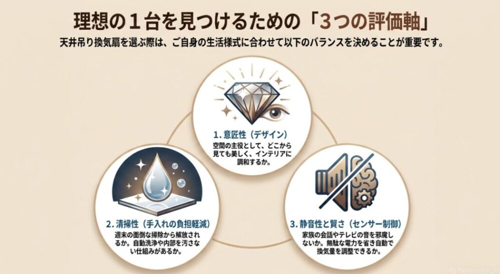 意匠性、清掃性、静音性というポイントをまとめた、「理想の1台を見つけるための「3つの評価軸」」の解説スライ