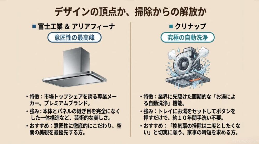 意匠性に特化した富士工業・アリアフィーナと自動洗浄のクリナップを比較した、「デザインの頂点か、掃除からの解放か」の図解スライド