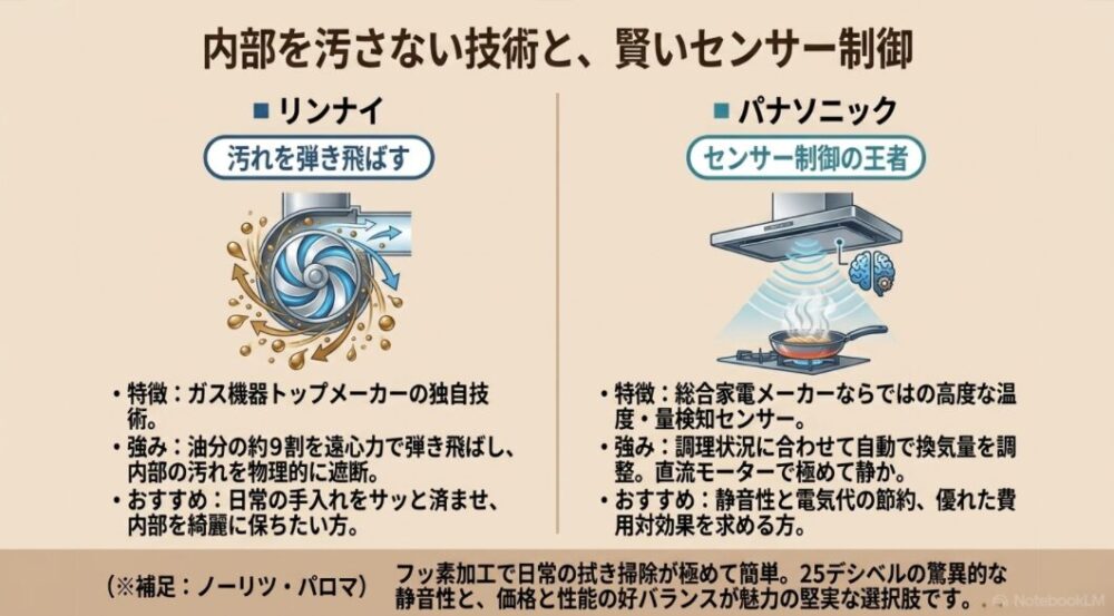 遠心力で汚れを防ぐリンナイとセンサー制御のパナソニックを比較した、「内部を汚さない技術と、賢いセンサー制御」の図解スライド
