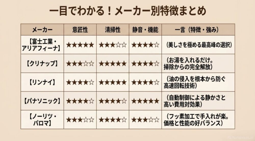 各主要メーカーの強みと特徴を一覧で評価した、「一目でわかる！メーカー別特徴まとめ」の表スライド
