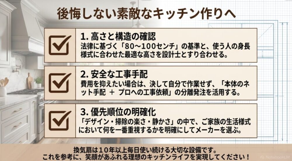 高さの確認、安全な工事手配、優先順位の明確化という3つのポイントをまとめた、「後悔しない素敵なキッチン作りへ」の総括スライド